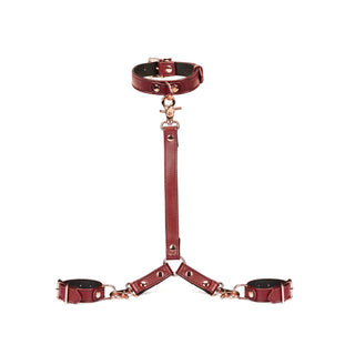 Wine Red Leather Collar and Wrist Restraints Harness